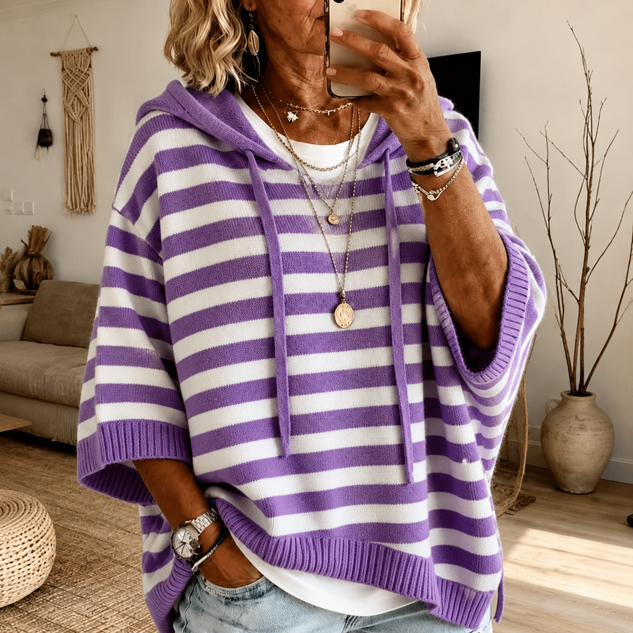 Mathilde | Poncho a Righe con Cappuccio