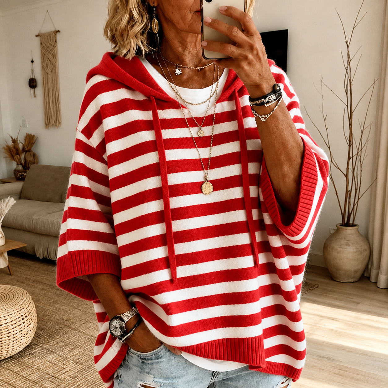 Mathilde | Poncho a Righe con Cappuccio