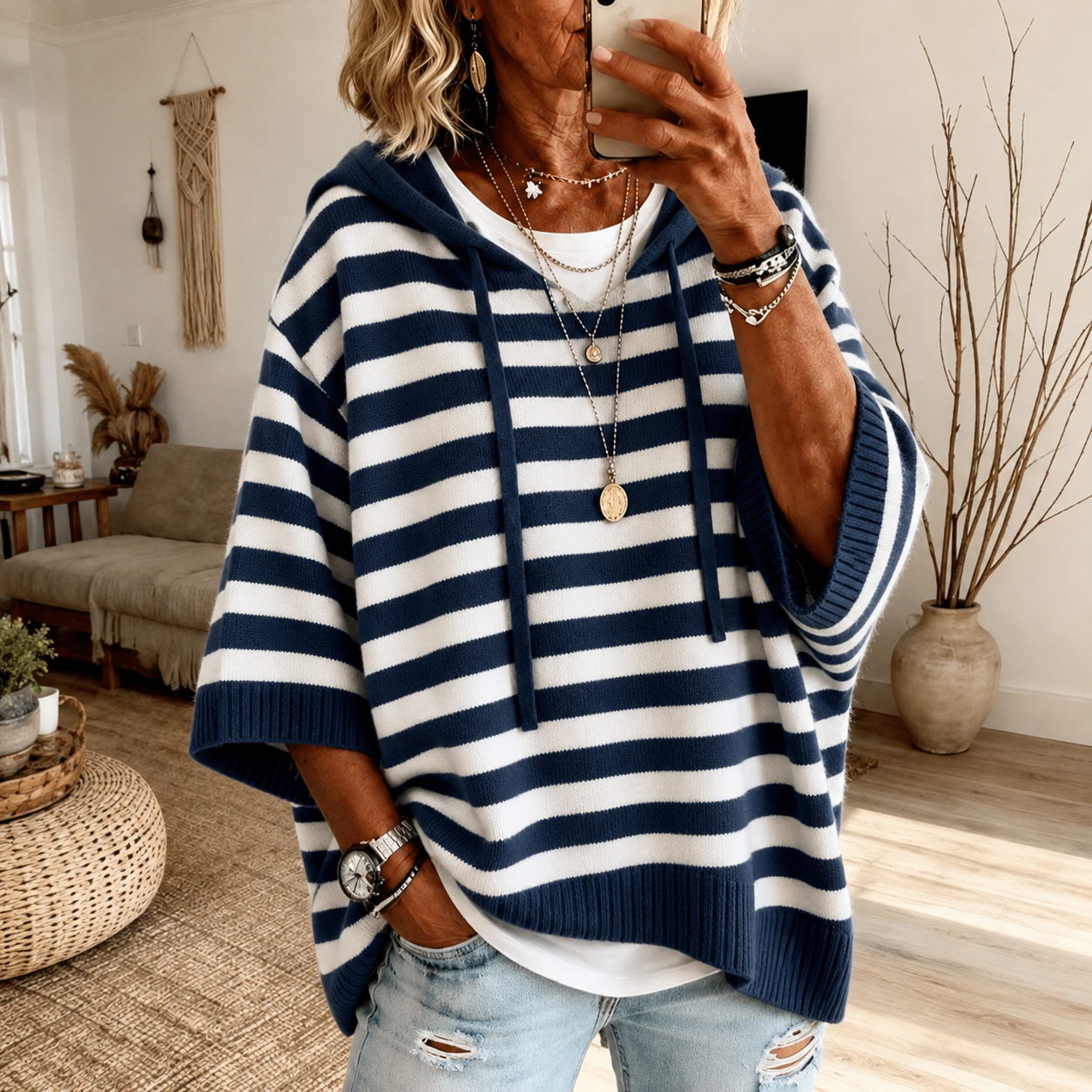 Mathilde | Poncho a Righe con Cappuccio